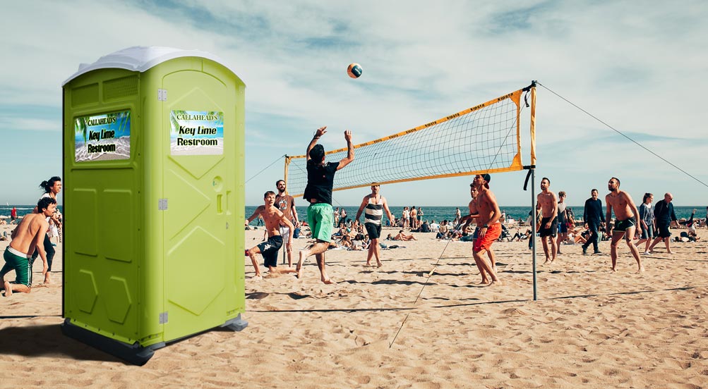 Key Lime Portable Toilet | The Key Lime Portable Toilet near a beach volleyball game in the summer in New York