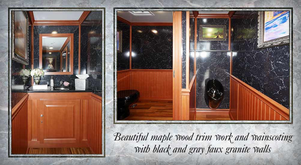 The Windsor Restroom Trailer Has Beautiful Maple Wood Trim And Black, Gray Faux Granite Walls