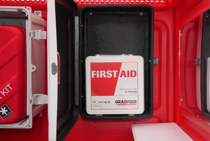 FIRST AID KIT INSIDE PROTECTIVE CABINET