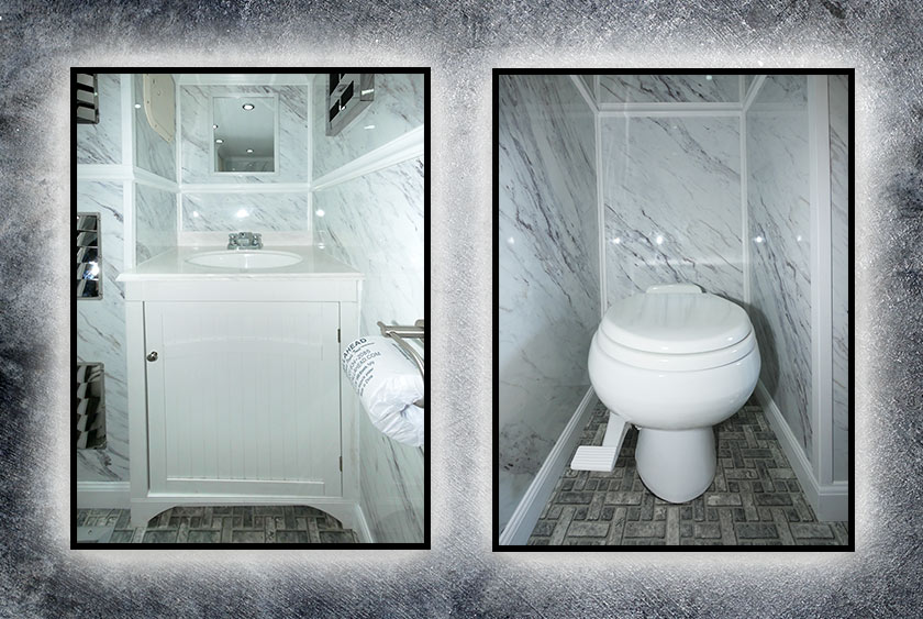 BRIGHT WHITE VANITY, SINK AND PORCELAIN TOILET INDICATE CLEANLINESS