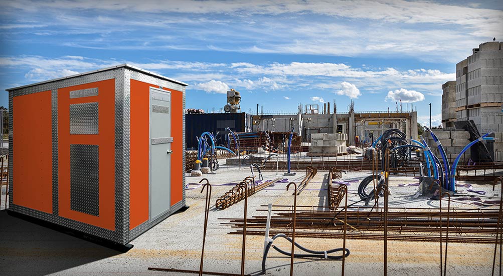 ORANGE A48 STORAGE SHED IN USE AT A CONSTRUCTION SITE