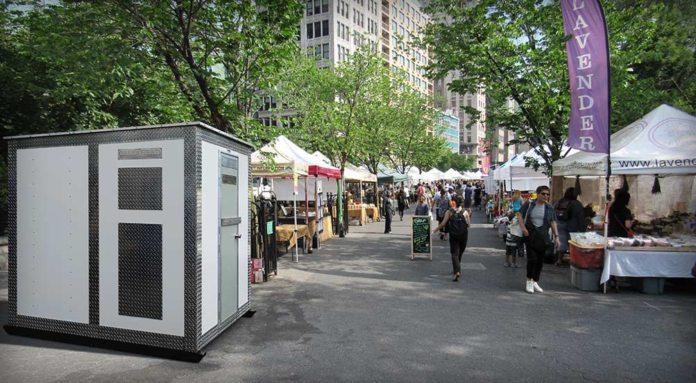 WHITE A48 STORAGE SHED IN USE AT A STREET FAIR