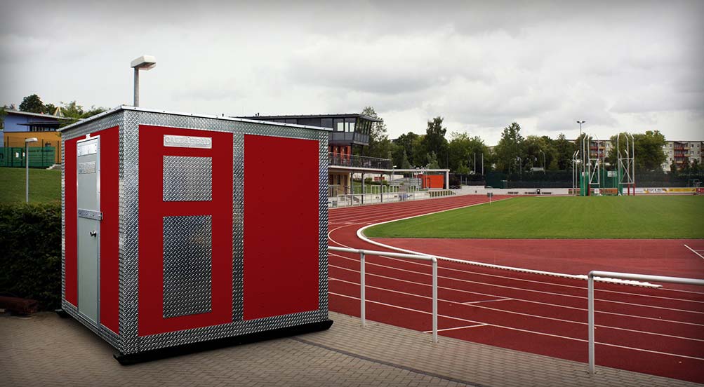 A RED A48 STORAGE SHED ON TRACK AND FIELD GROUNDS