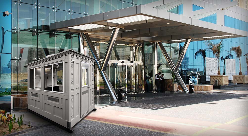 A Grey Valet Key Booth 48 Outside of a Convention Center