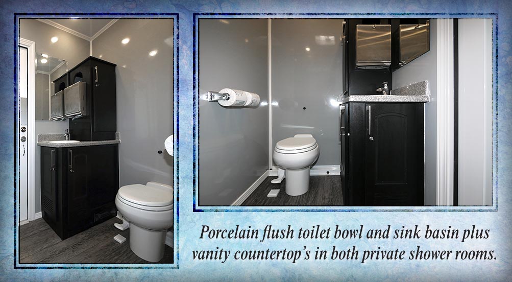 Fresh Pour Shower Trailer Has Porcelain Flush Toilet Bowl And Sink With Vanity Countertops