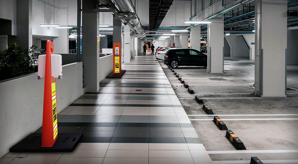 The Antiseptic Safety Stand In A Parking Garage