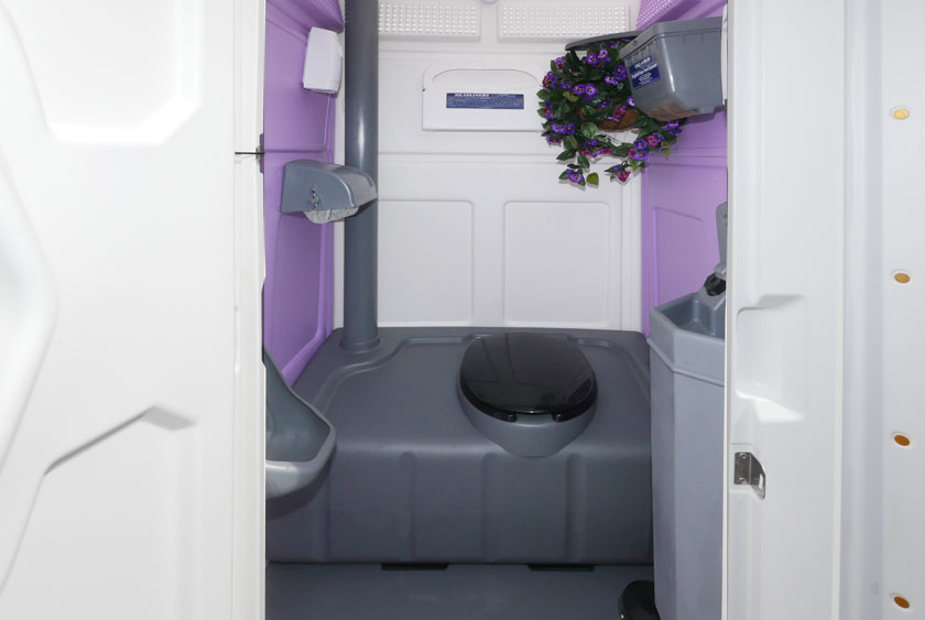 The LAVENDER restroom includes all of our premium accessories delivered standard with its rental
