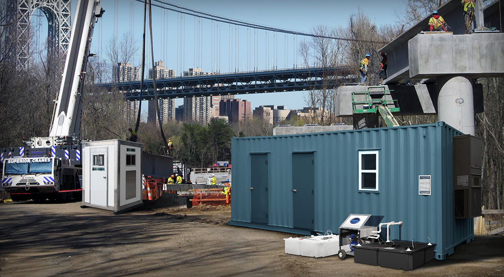 A25 PORTABLE SECURITY GUARD BOOTH AND THE MAC TOILET SYSTEM Near Bridge Construction