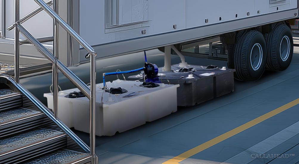 The DotComm Toilet System Fresh Water and Waste Water Tanks Under a Trailer at an Airport