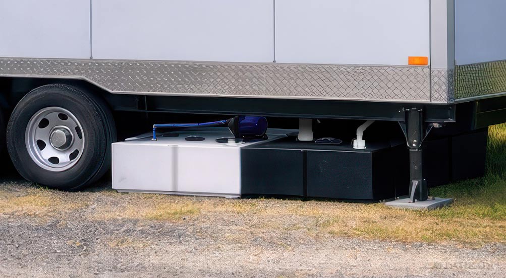 The DotComm Toilet System Fresh Water and Waste Water Tanks Under a Trailer at a Vineyard