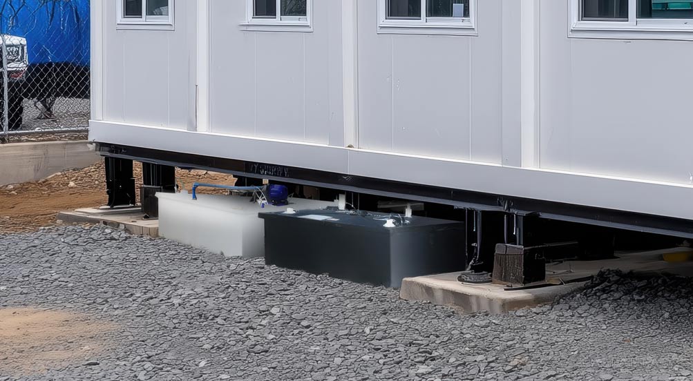 The DotComm Toilet System Fresh Water and Waste Water Tanks Under a Trailer at a Correctional Facility