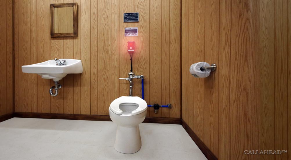 The DotComm Toilet System With Alarm Inside a Restroom