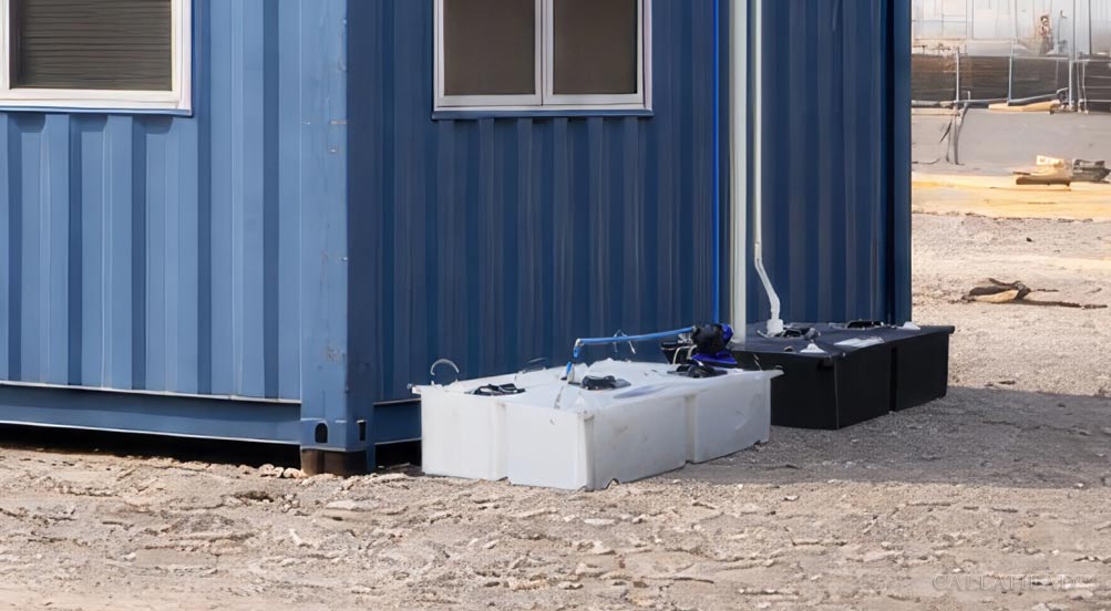  DotComm Toilet System Fresh Water and Waste Water Tanks Under a Trailer at a Construction Site