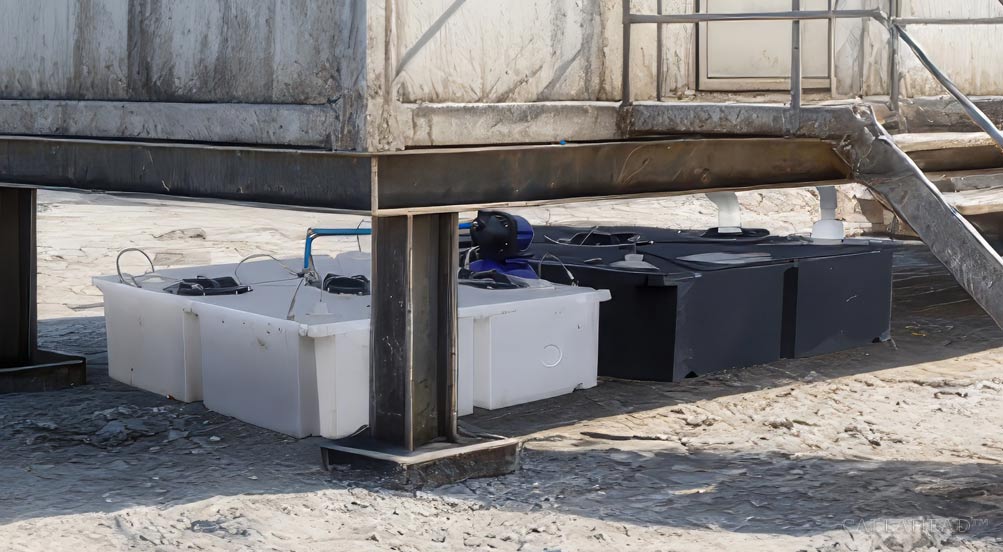 The DotComm Toilet System Fresh Water and Waste Water Tanks Under a Trailer at a Cement Plant