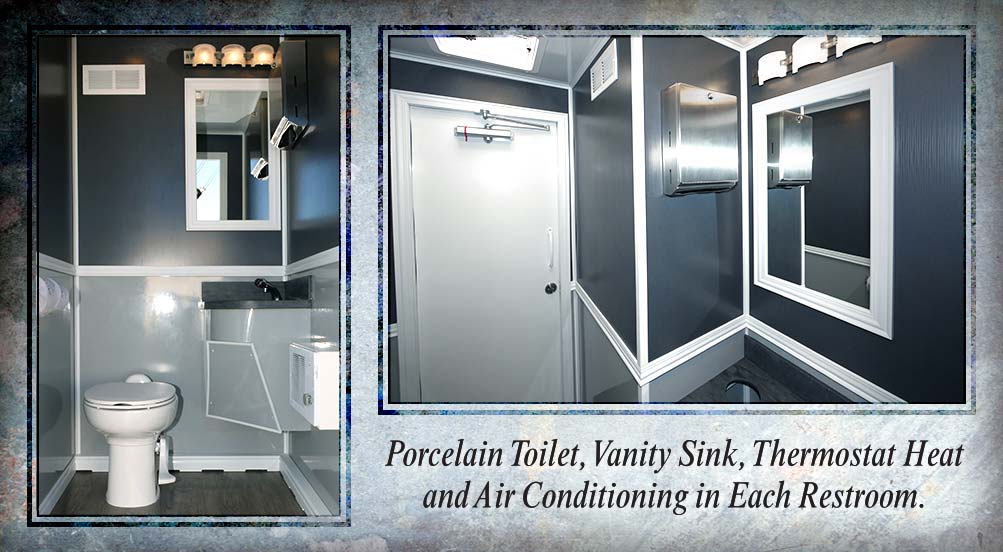 The Dockside Restroom Trailer Has Porcelain Toilet, Vanity Sinks, Thermostat Heat and Air Conditioning In Each Restroom