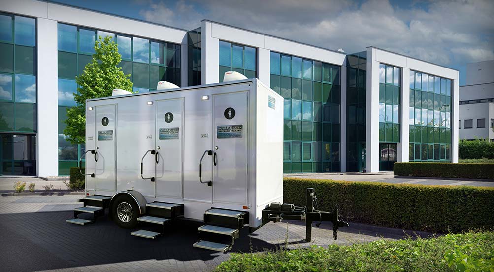 The Dockside Restroom Trailer Near Office Buildings