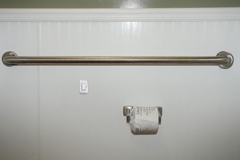 STAINLESS STEEL GRAB BARS, PUSH BUTTON FLUSH AND AND TOILET PAPER HOLDER