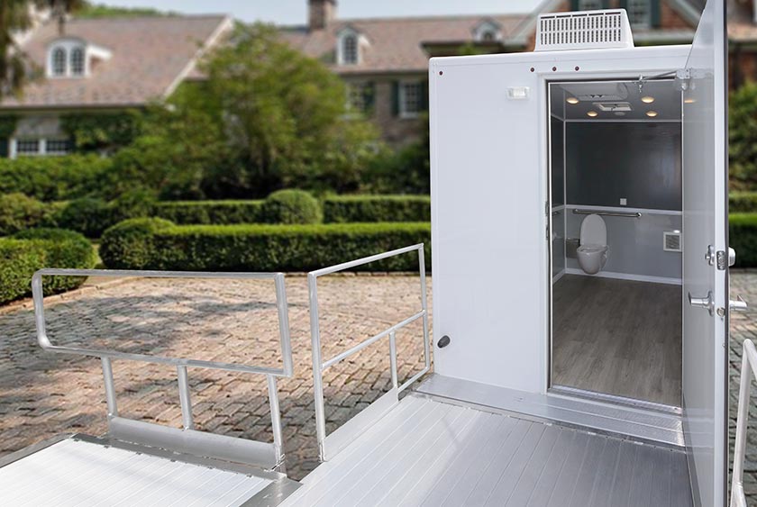 WIDE RAMP WITH HANDRAILS LEADS TO RESTROOM