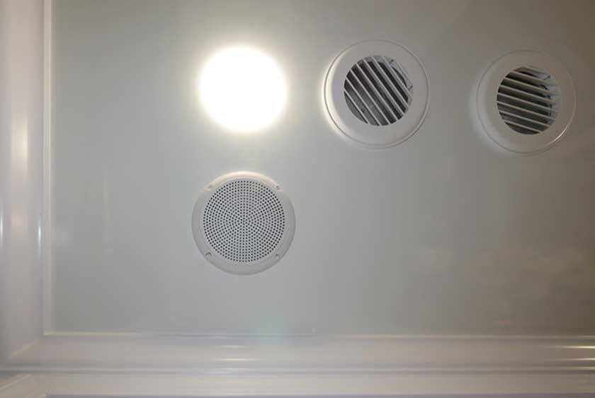 CENTRAL MUSIC SYSTEM WITH CEILING MOUNT SPEAKERS, LED LIGHTING