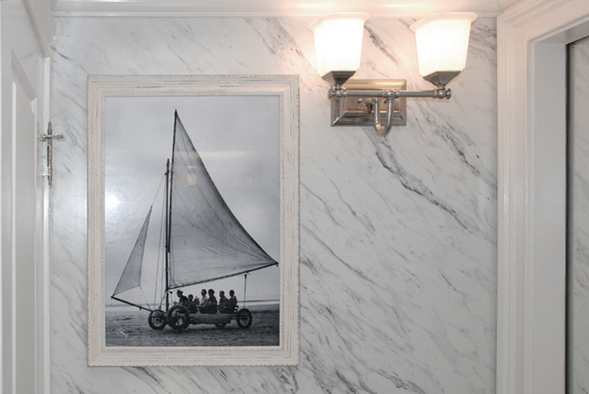 BRUSHED NICKEL DOUBLE SCONCE LIGHT FIXTURES SHOWN WITH ARTWORK