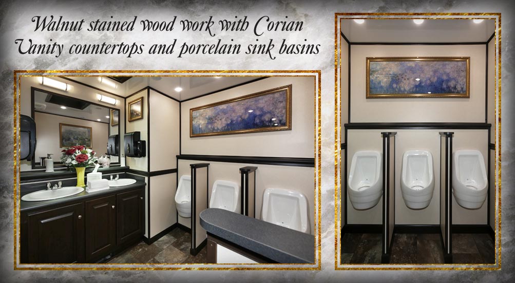The Biltmore Restroom Trailer Has Walnut Stained Wood Work And Corian Vanity Countertops.