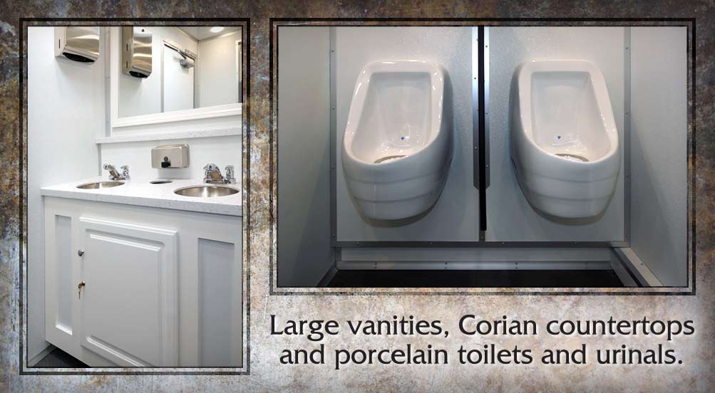 The Calverton Restroom Trailer Has Large Vanities, Corian Countertops And Porcelain Toilets And Urinals