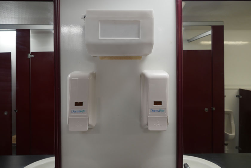 FULLY STOCKED WITH HAND SOAP AND PAPER TOWELS