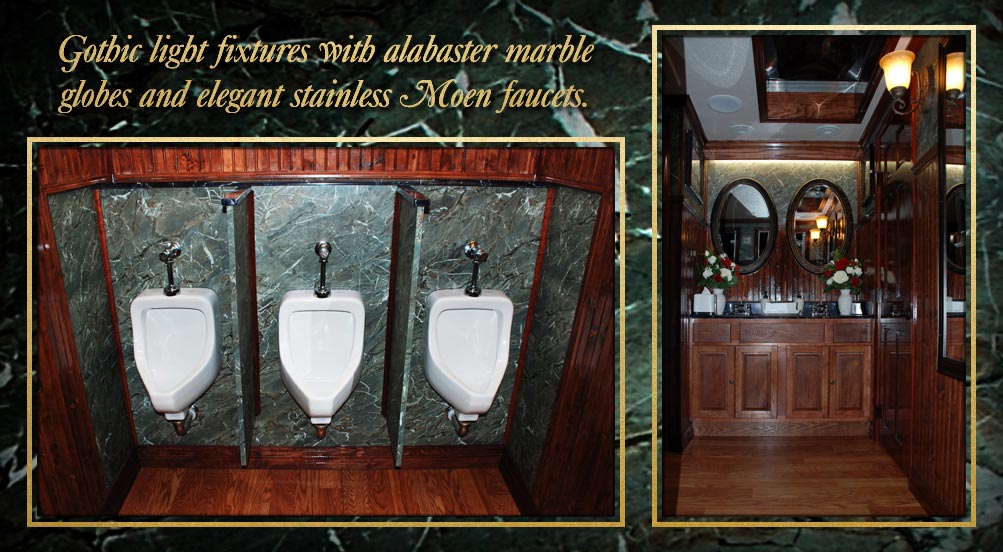 The Equestrian Luxury Restroom Trailer Has Gothic Light Fixtures With Alabaster Marble Globes And Elegant Stainless Moen Faucets