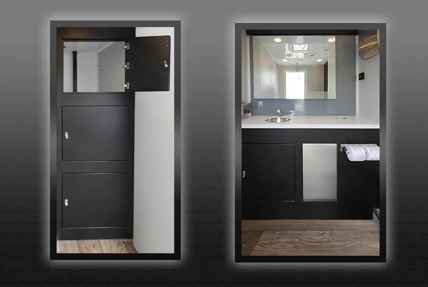 WOMEN'S SIDE INCLUDES AMPLE CABINET SPACE FOR SUPPLIES