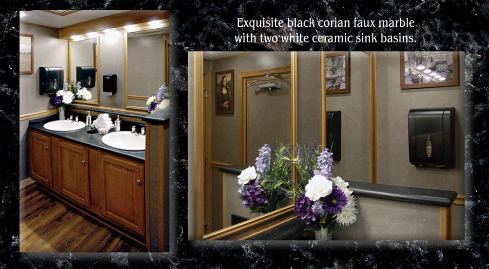 The REGENCY Luxury Restroom Trailer Has Black Corian Faux Marble With Two White Ceramic Sinks