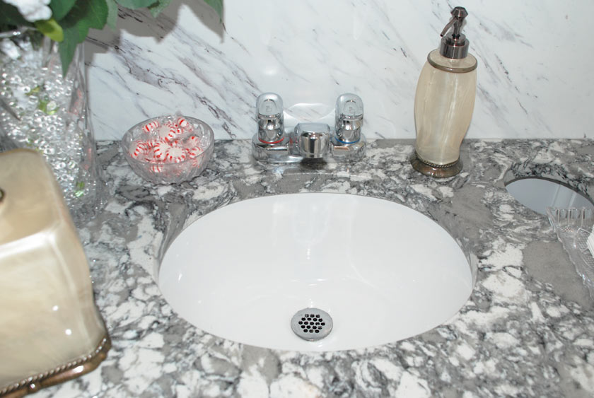 BLACK AND WHITE GRANITE VANITY COUNTERTOPS WITH PORCELAIN SINKS