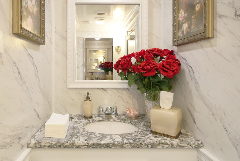 DETAIL OF VANITY AREA WITH LUXURY AMENITIES