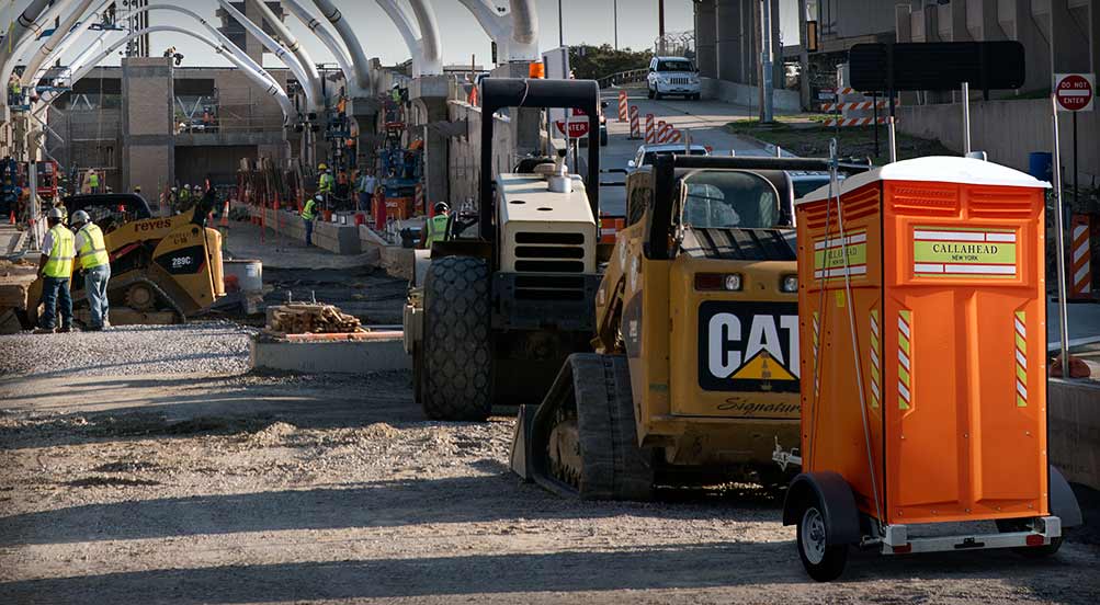 The Safety Head Portable Restroom Trailer At Construction Site