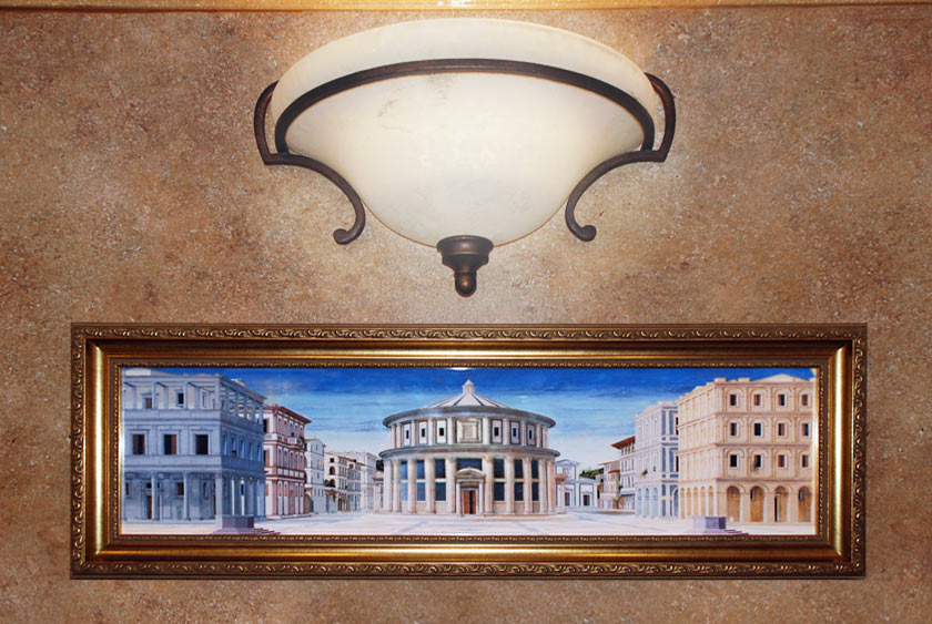 ALABASTER GOTHIC SCONCE AND GILDED ARTWORK