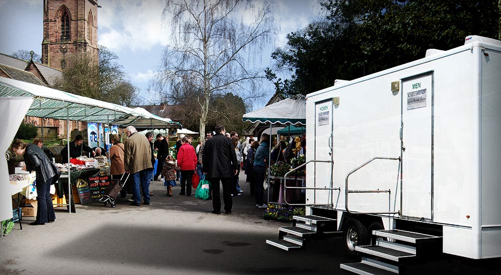 Portable Restroom Trailers | The Westchester Luxury Restroom Trailer At A Farmes Market