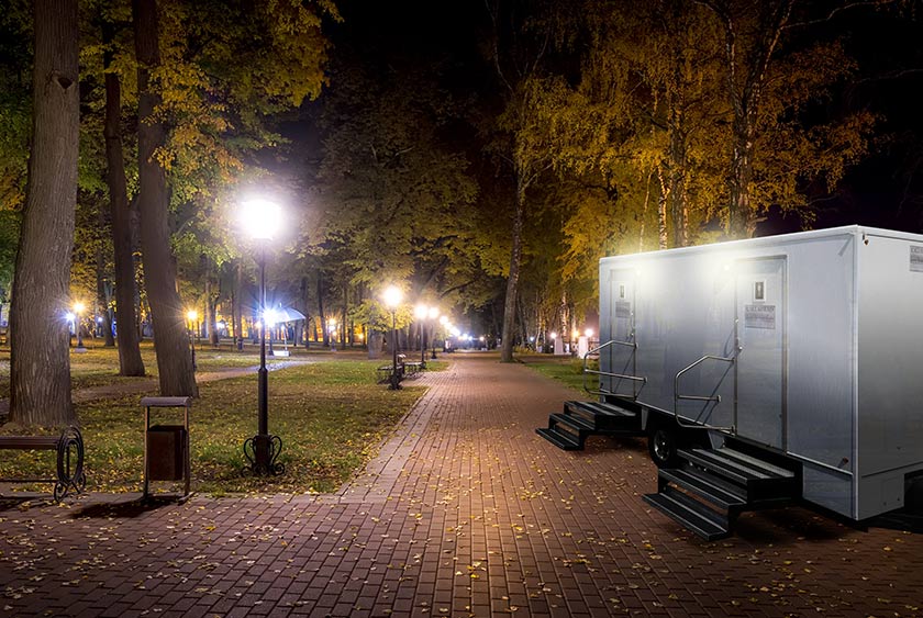 WHITE HORSE RESTROOM TRAILER HAS OUTDOOR LIGHTING FOR NIGHTTIME USE